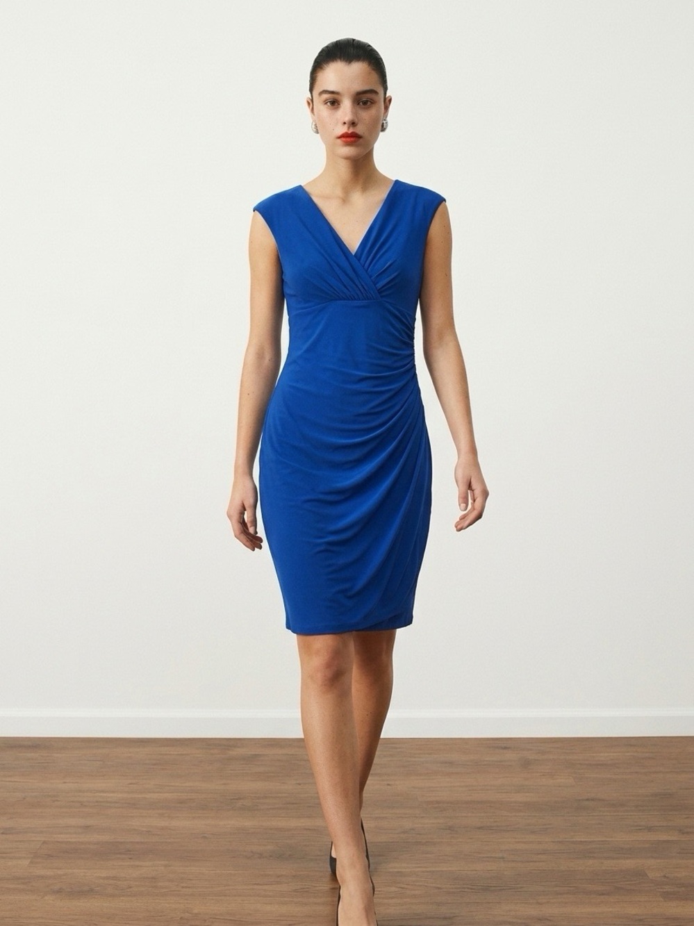 Ralph Lauren Cobalt Blue Sleeveless V-Neck Ruched Midi Dress